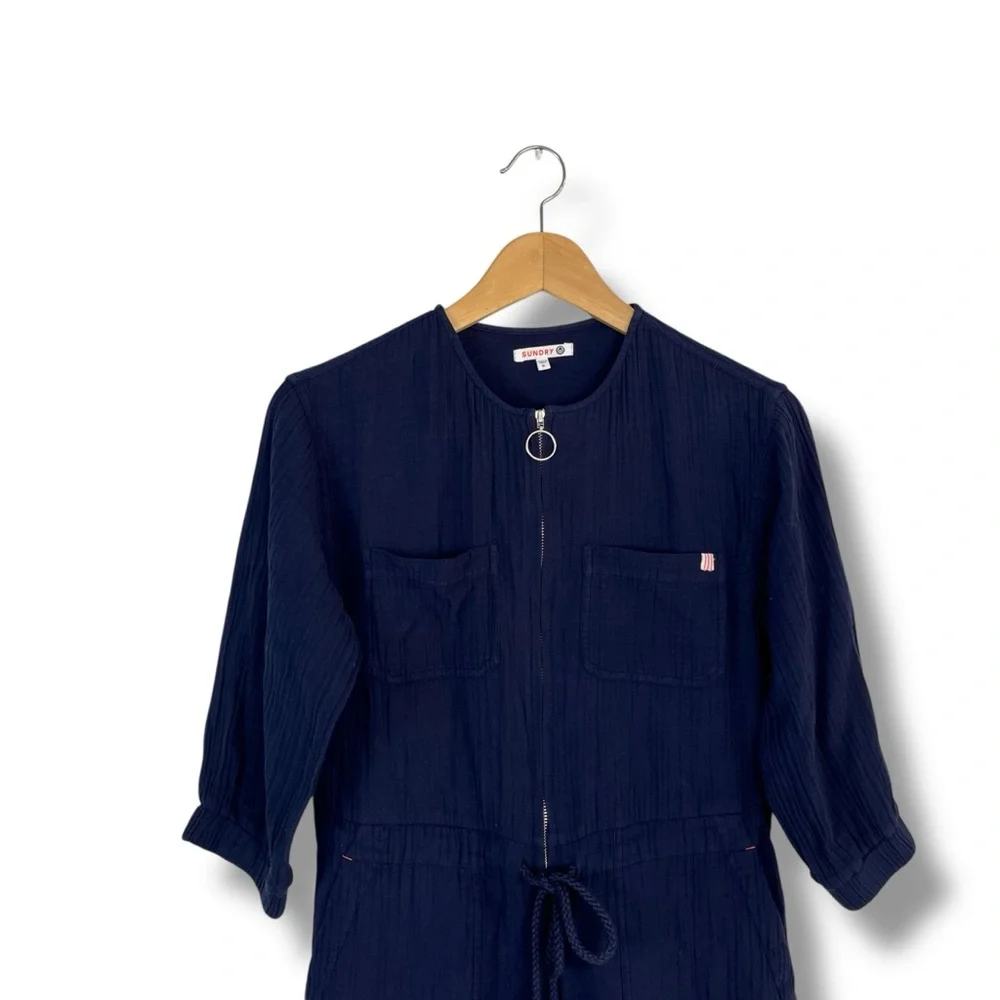 Anthropologie Sundry Mechanic Jumpsuit Navy Blue Zip Up Cotton Gauze 0 Utility